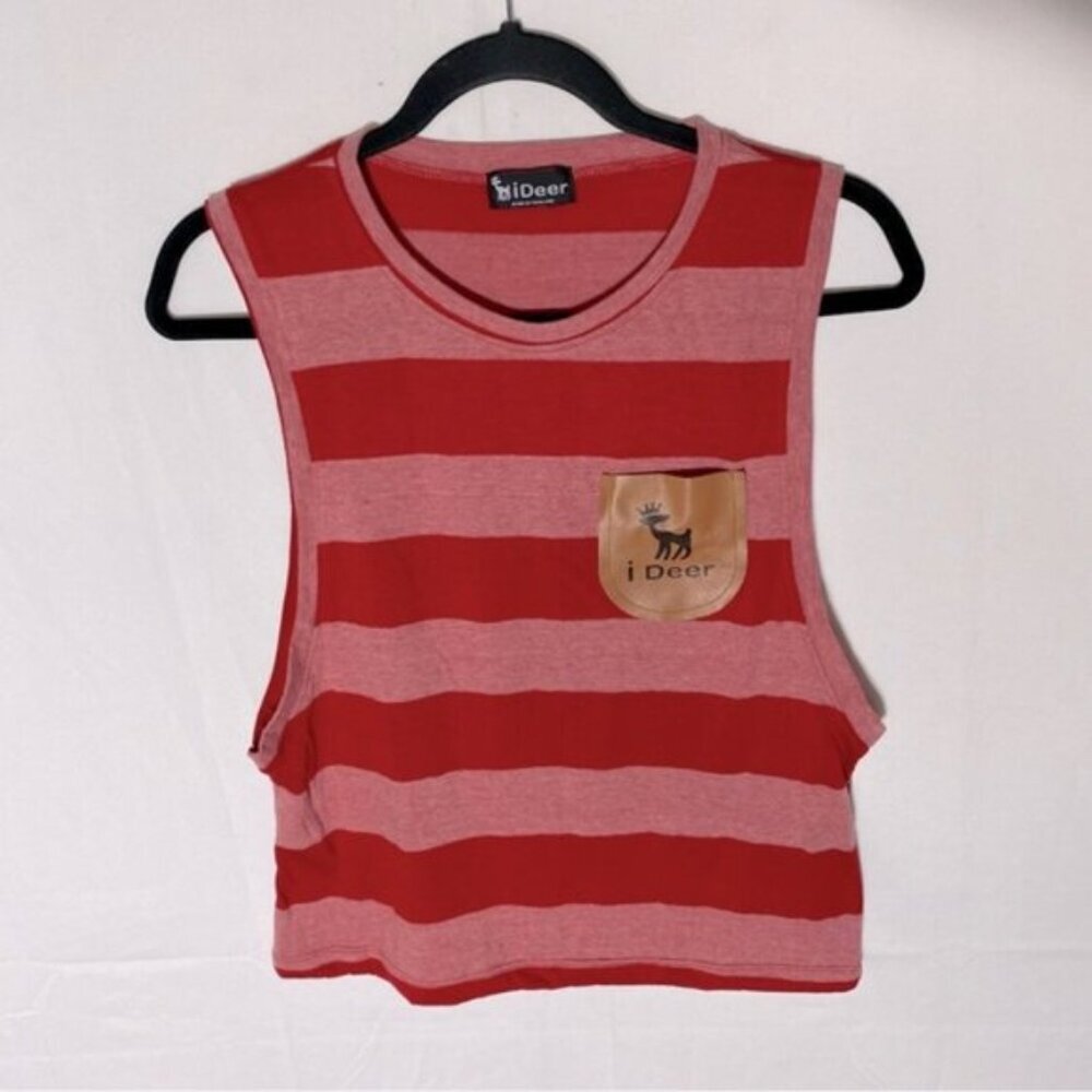 5/$25 iDeer Red Pink Striped Sleeveless Crop Top W Faux Leather Chest Pocket M